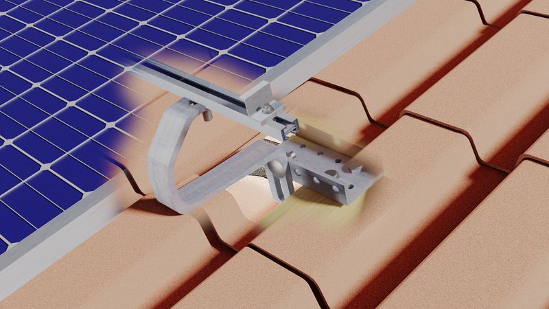 Render of the hook holding a solar panel on a tile roof